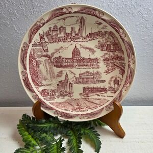 Vintage Vernon Kilns Minnesota Souvenir Plate Maroon Transferware Landmarks USA